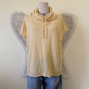 Beachy Earthy Yellow Organic Linen Cotton Cowl Neck Short Sleeve Sweater Top